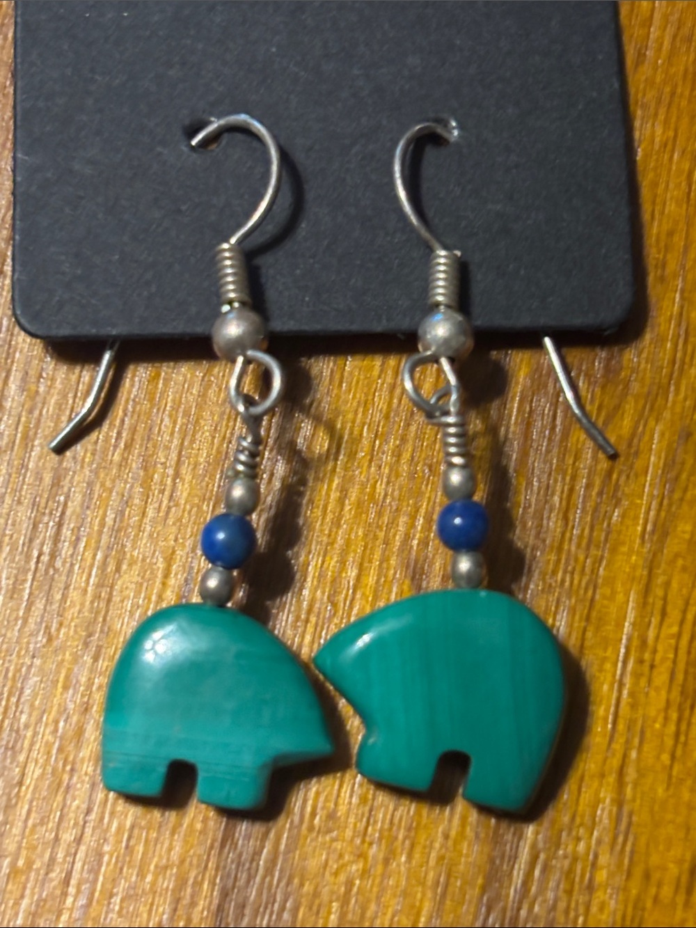 Southwestern Green Stone Bear Drop Earrings with‎ Blue Accent Beads